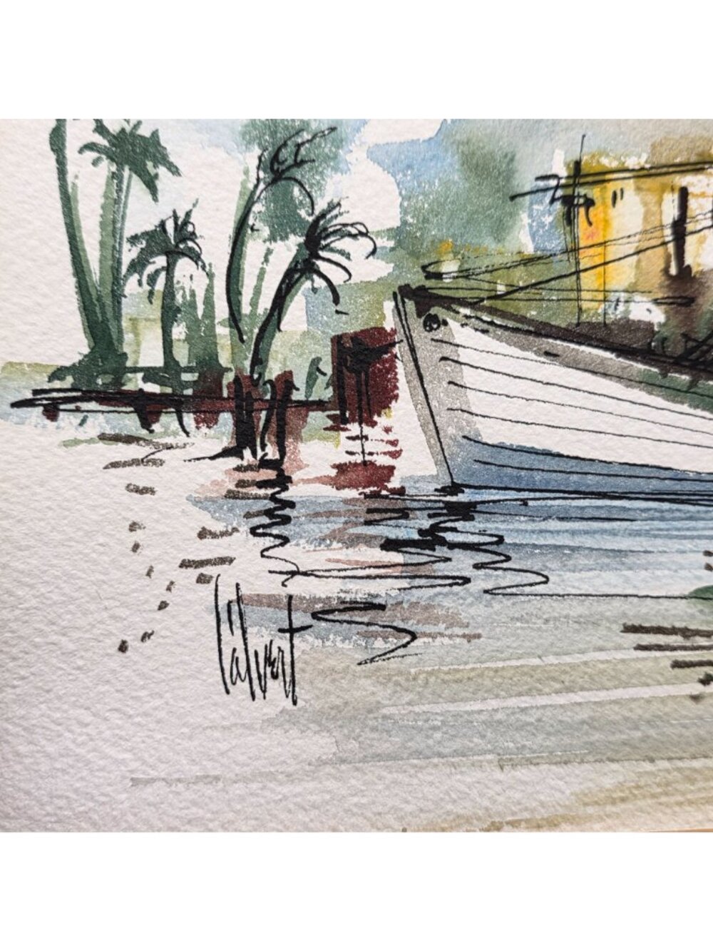 Original Watercolor Coastal Landscape Signed By Artist With Boat & Buildings - Picture 5 of 9